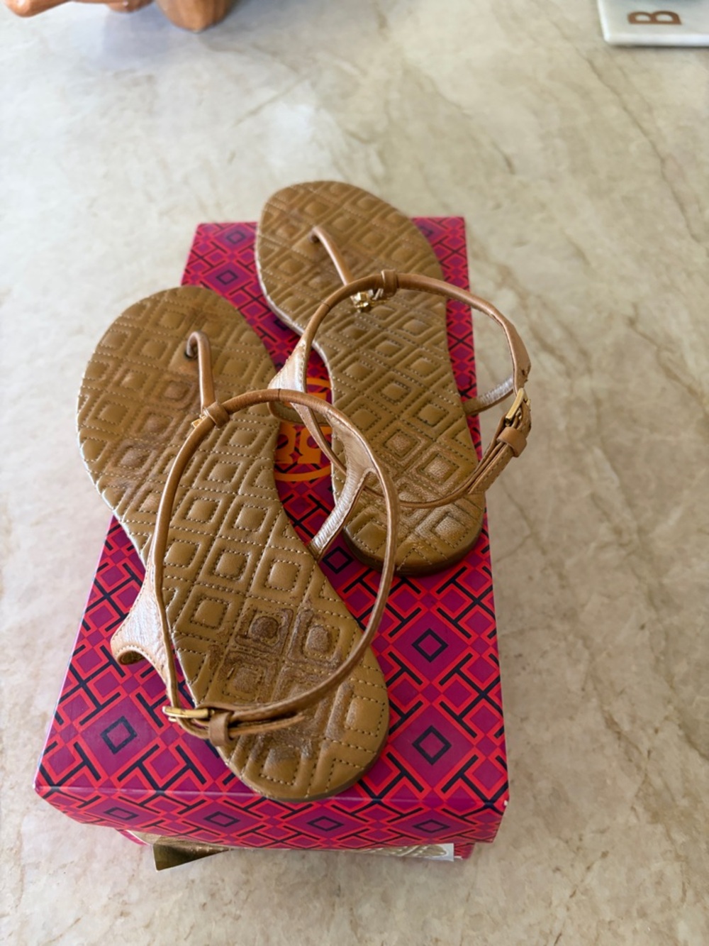 Tory Burch Cognac Quilted T-Strap Sandals with Logo - Picture 2 of 3
